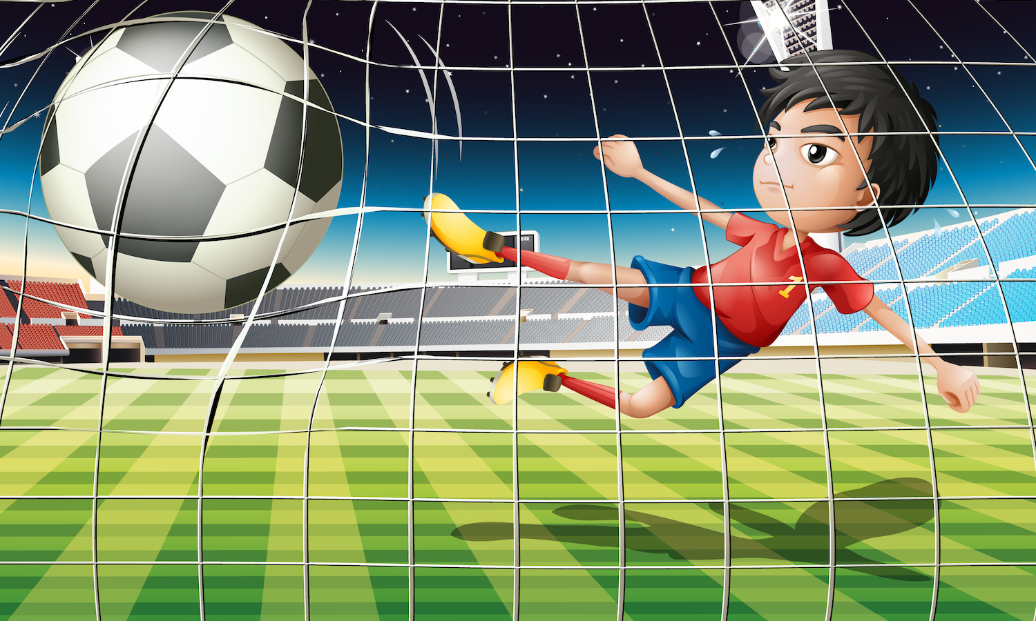 Illustration of a boy kicking the ball at the soccer field